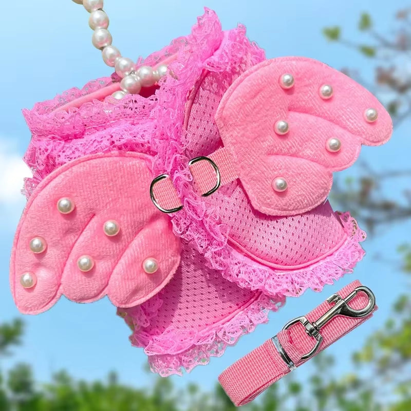 Dog Cat Harness Leash Set Adjustable Lace Floral Printed Pet Harness Vest Cute Dog Clothes Puppy Mesh Harness Dog Accessories