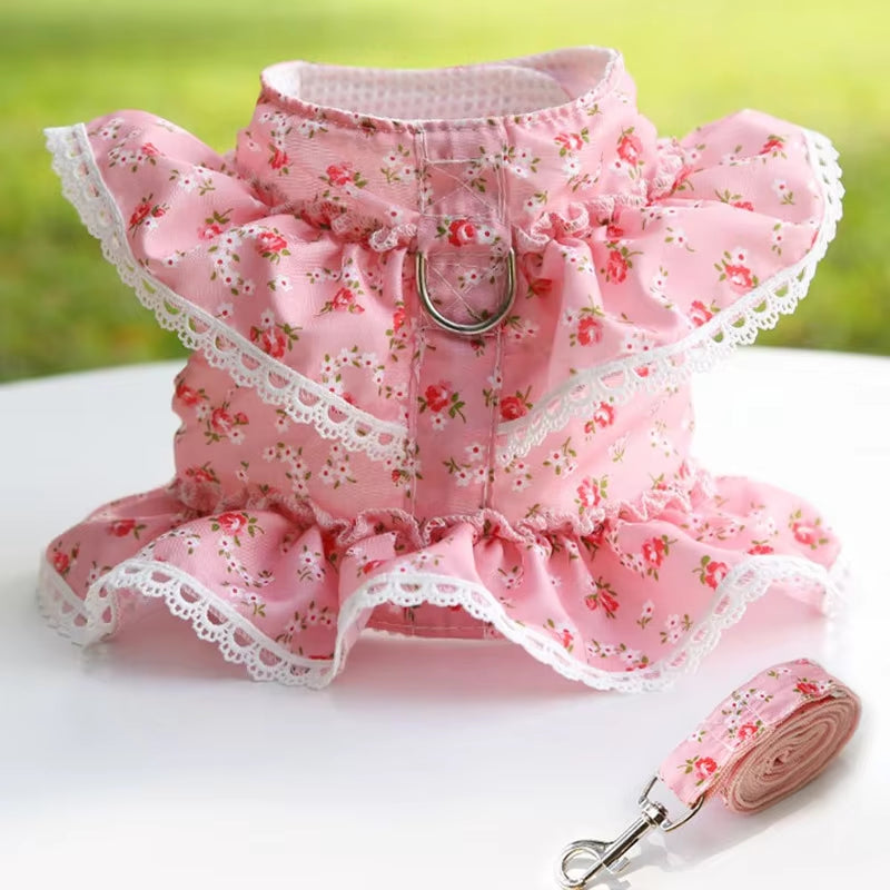 Dog Cat Harness Leash Set Adjustable Lace Floral Printed Pet Harness Vest Cute Dog Dress Pubby Mesh Harness Cat Walking Lead