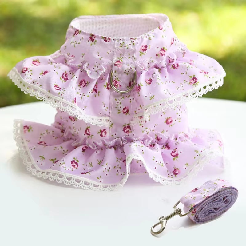 Dog Cat Harness Leash Set Adjustable Lace Floral Printed Pet Harness Vest Cute Dog Dress Pubby Mesh Harness Cat Walking Lead